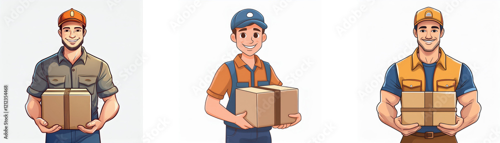 Three delivery men, each in different uniforms, smiling and holding packages. They represent diverse delivery services. Three delivery men, each in different uniforms, smiling and holding packages. They represent diverse delivery services.