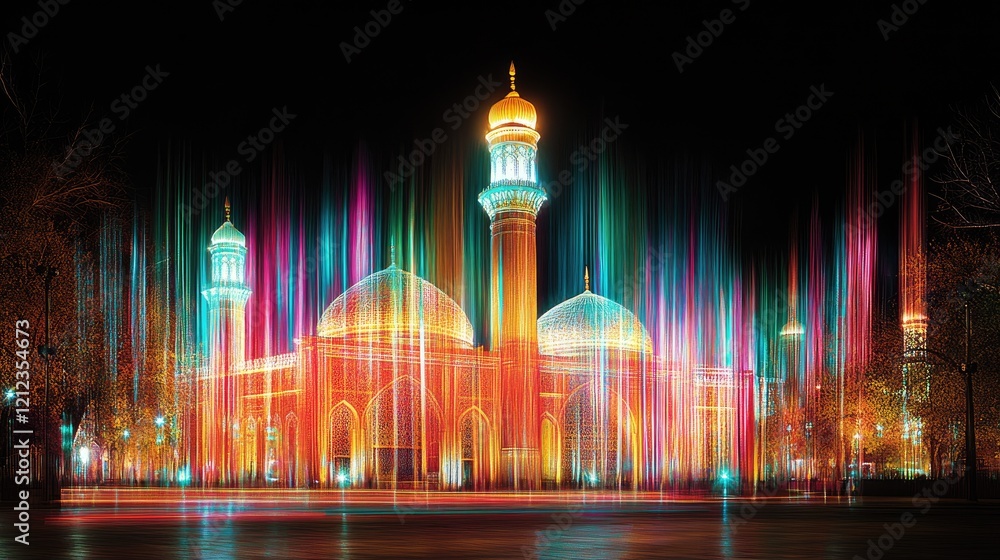 Obraz premium Illuminated mosque at night with vibrant light trails.