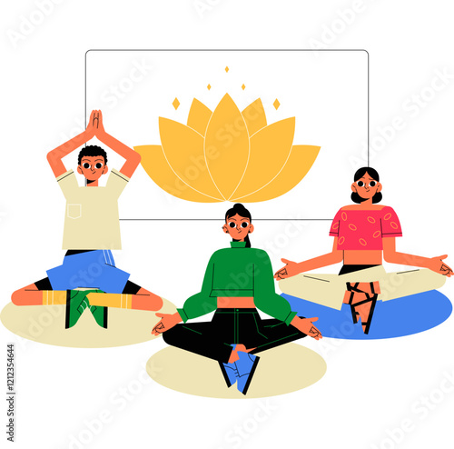 Group Meditating In Flat Vector Illustration Symbolizing Relaxation, Mindfulness, And Yoga Practice, Isolated On White Background