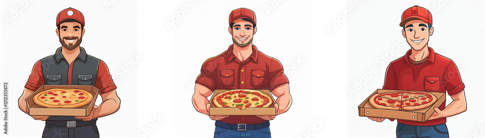 Three cartoon delivery men in red uniforms proudly present pizzas. They represent fast, friendly service. Three cartoon delivery men in red uniforms proudly present pizzas. They represent fast, friendly service.