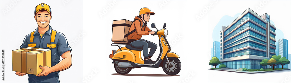 Delivery service illustration showing a courier, a scooter, and an office building. Fast, reliable shipping is implied. Delivery service illustration showing a courier, a scooter, and an office building. Fast, reliable shipping is implied.