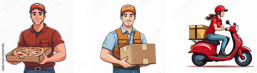 Delivery service illustration showing three delivery people: one carrying a pizza, another with a package, and a third riding a scooter. Delivery service illustration showing three delivery people: one carrying a pizza, another with a package, and a third riding a scooter.