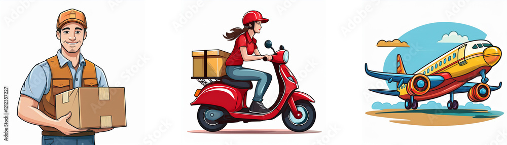 Delivery methods illustrated: courier carrying package, scooter delivery, and airplane shipment. Fast and efficient transportation options for goods. Delivery methods illustrated: courier carrying package, scooter delivery, and airplane shipment. Fast and efficient transportation options for goods.