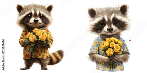 Enchanted forest raccoon pair holding flowers in friendship
