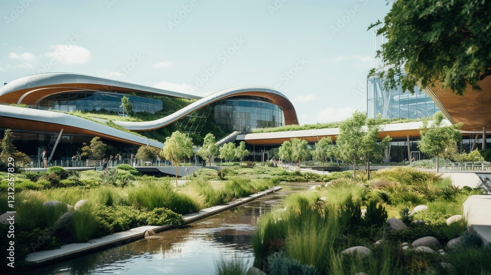 Fototapeta premium Digital illustration of an eco-friendly, modern cafe with lush greenery