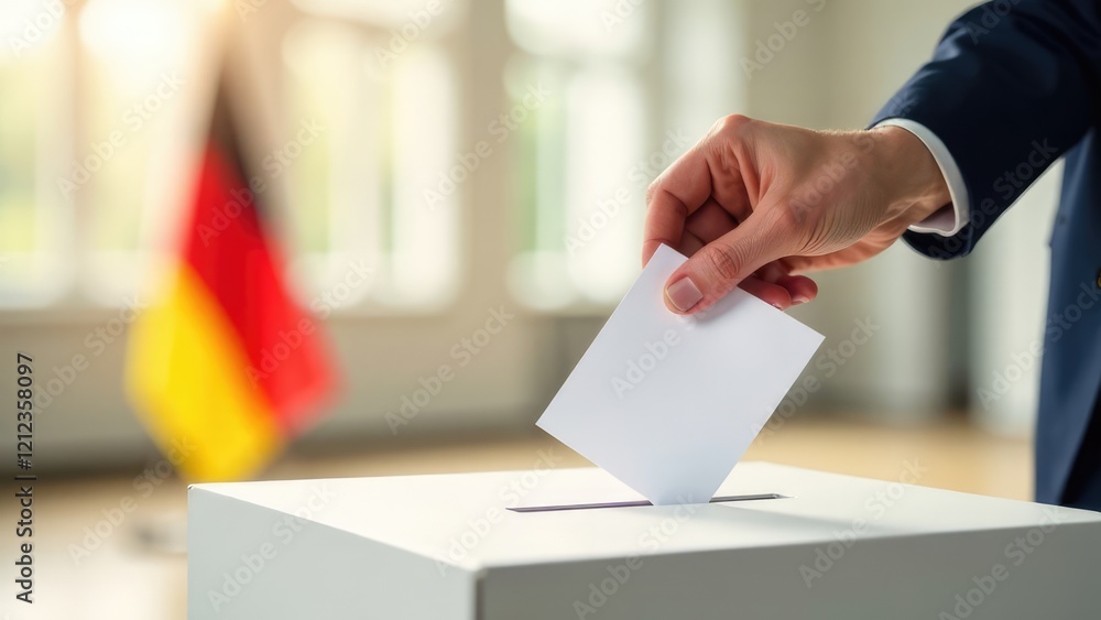 A person's hand is placing a ballot in a box, with the German flag in the background. Concept of: Democratic elections in Germany. Bundestagswahl 2025 A person's hand is placing a ballot in a box, with the German flag in the background. Concept of: Democratic elections in Germany. Bundestagswahl 2025