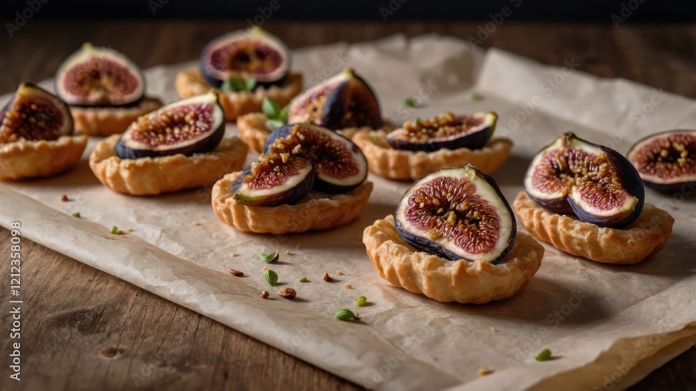 A tray of fig tarts featuring fresh figs and a crumbly crust, perfect for dessert. A tray of fig tarts featuring fresh figs and a crumbly crust, perfect for dessert.