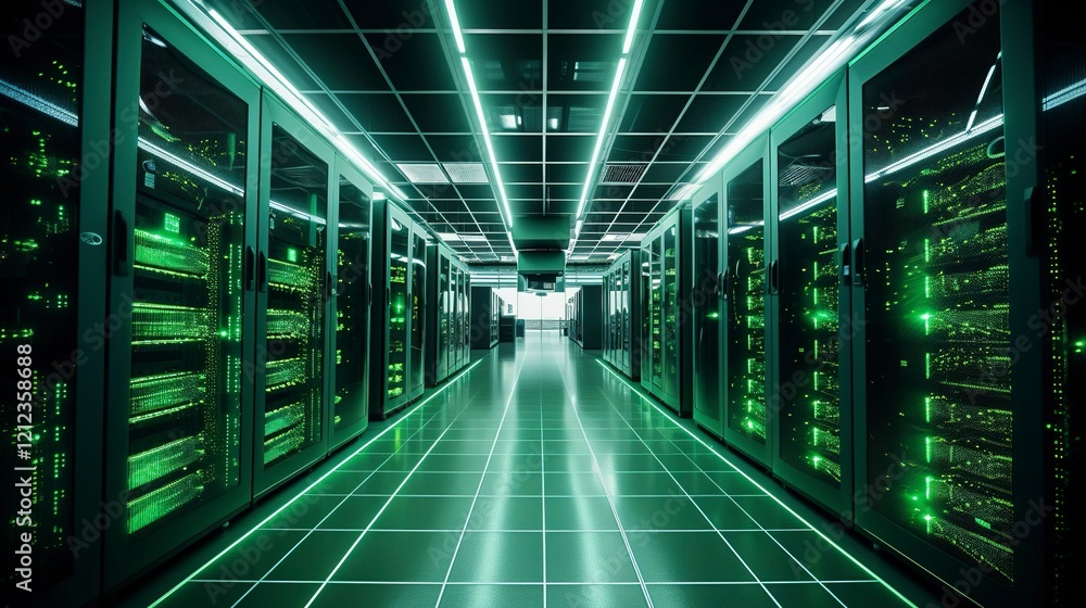 Obraz premium Futuristic server room with neon green lighting in a data center,