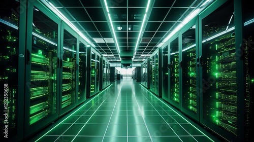 Futuristic server room with neon green lighting in a data center 
