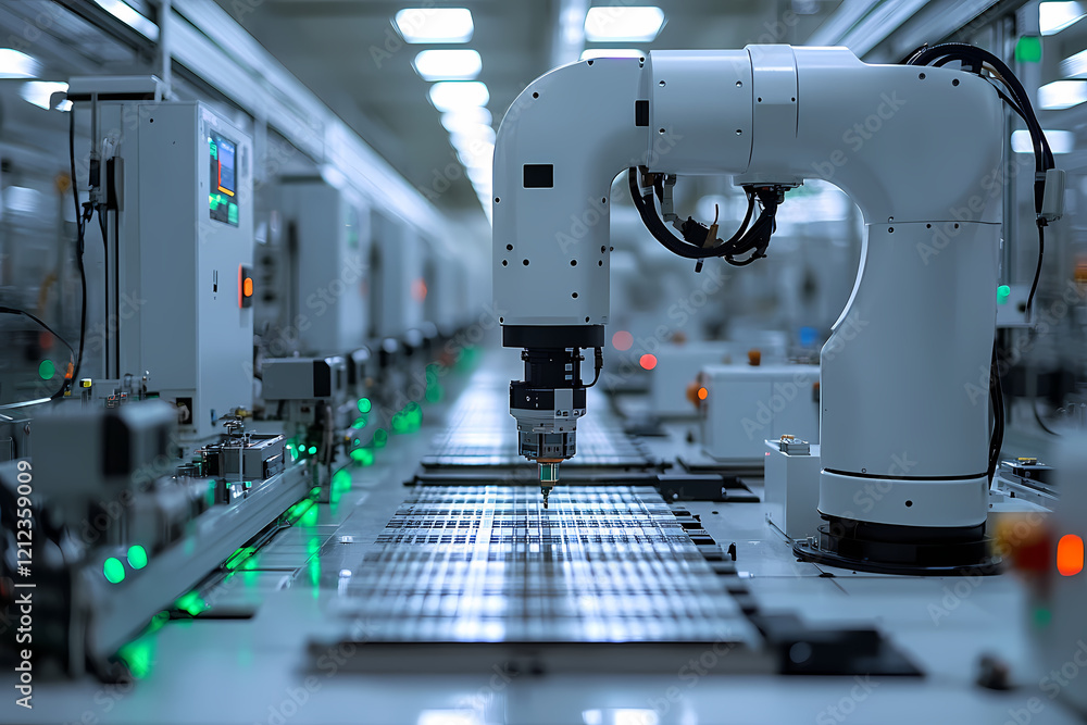 Fototapeta premium Featuring state-of-the-art plasma etching machines on the factory floor. An entire scene is captured by the camera, showing sleek, modern machinery operating in perfect harmony.