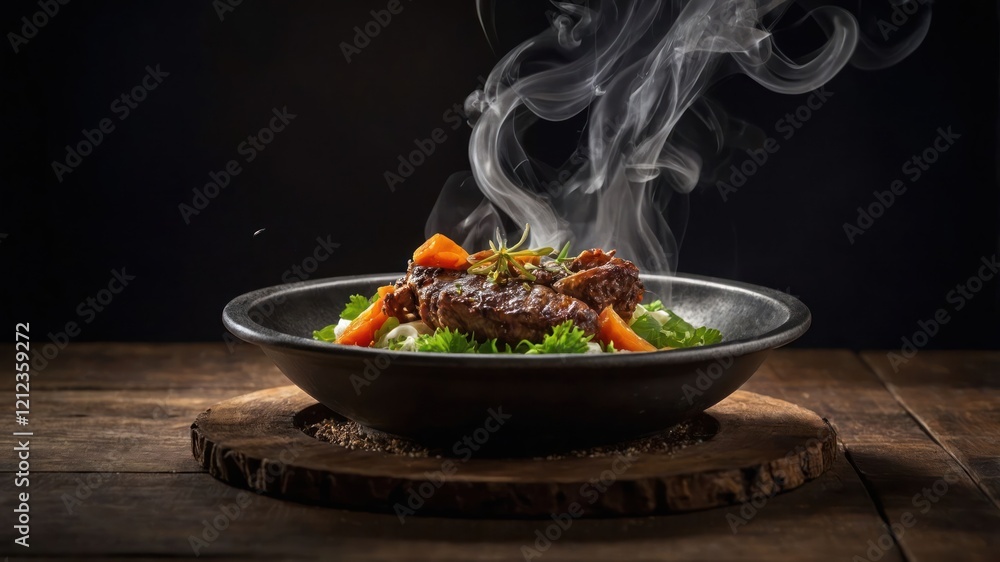 A steaming plate of meat served on a bed of greens, highlighting culinary presentation. A steaming plate of meat served on a bed of greens, highlighting culinary presentation.