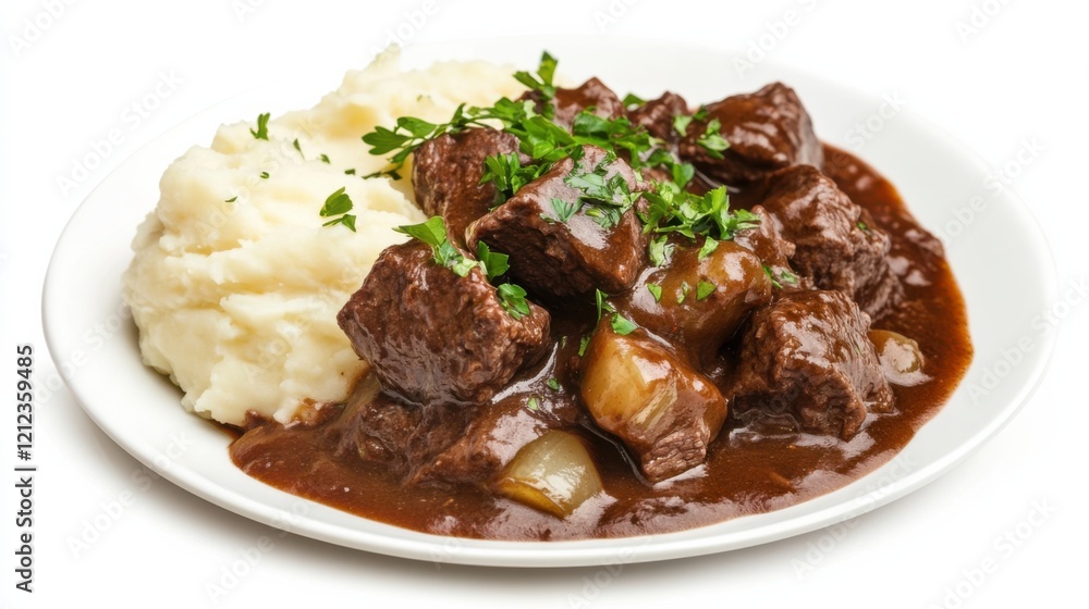 A plate of hearty beef bourguignon served with mashed potatoes and garnished with fresh parsley, Each tender piece of beef stewed in rich red wine sauce A plate of hearty beef bourguignon served with mashed potatoes and garnished with fresh parsley, Each tender piece of beef stewed in rich red wine sauce