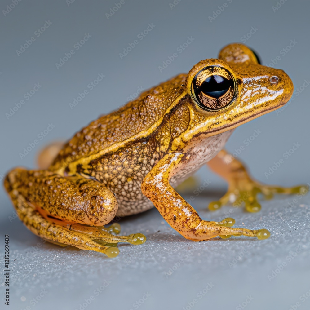 Close-up of a vibrant golden frog, showcasing its intricate skin texture and captivating eyes. Perfect for nature documentaries or educational materials. Close-up of a vibrant golden frog, showcasing its intricate skin texture and captivating eyes. Perfect for nature documentaries or educational materials.
