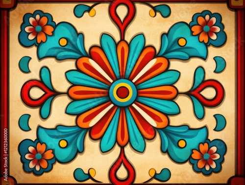 Vibrant Floral Tile Design in Aztec Style