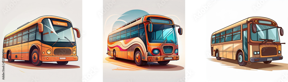 Three orange buses, varying in size and style, are depicted against a light background. They showcase different bus designs, ideal for transportation. Three orange buses, varying in size and style, are depicted against a light background. They showcase different bus designs, ideal for transportation.