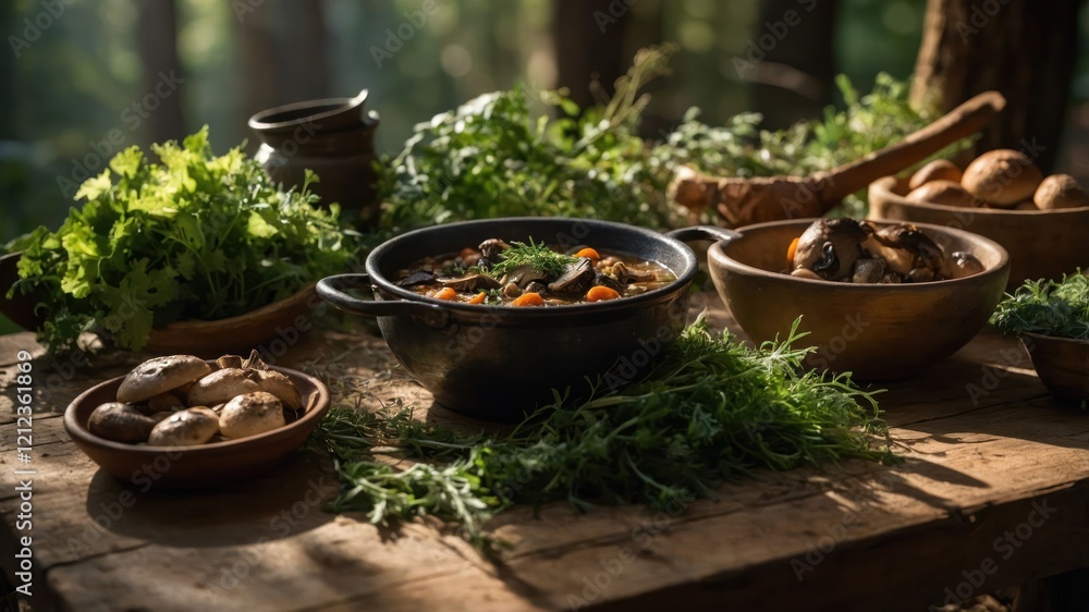 A rustic table set with fresh ingredients and a pot of stew in a natural forest setting. A rustic table set with fresh ingredients and a pot of stew in a natural forest setting.