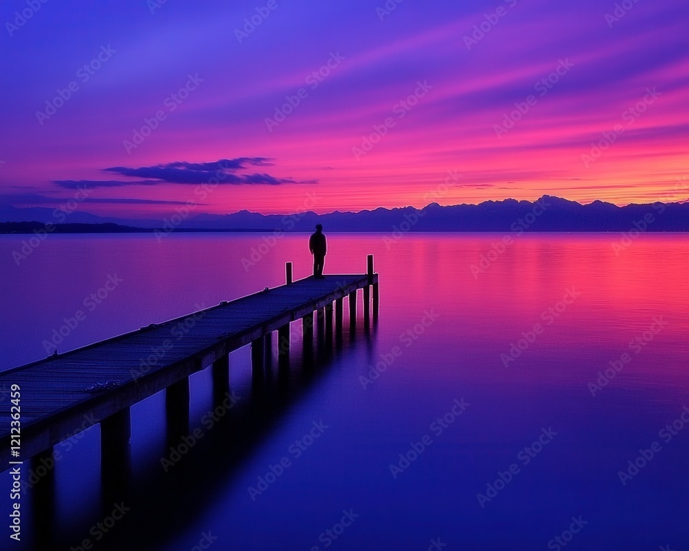 Fototapeta premium Solitary Figure on Pier at Sunset Over Lake Mountains