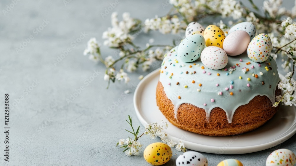 A vibrant Easter cake showcases pastel icing and candy eggs, elegantly displayed on a white plate. Scattered spring flowers enhance the joyful atmosphere, illuminated by soft natural light A vibrant Easter cake showcases pastel icing and candy eggs, elegantly displayed on a white plate. Scattered spring flowers enhance the joyful atmosphere, illuminated by soft natural light