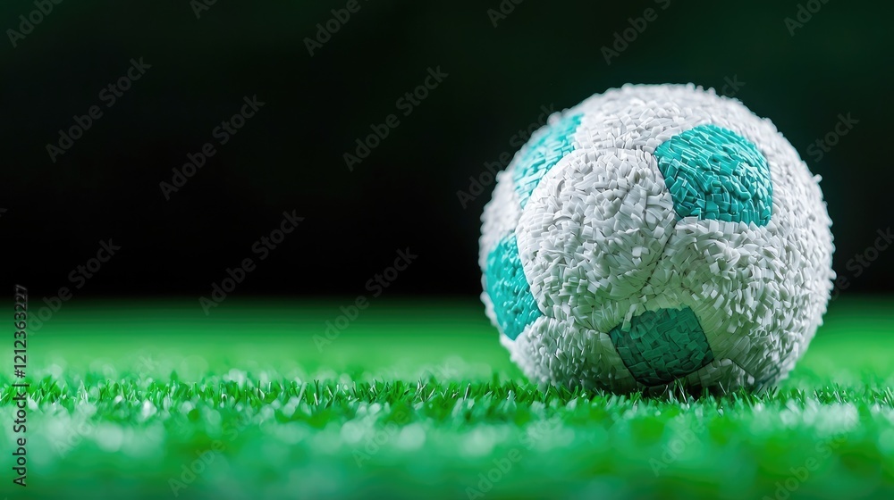 Fototapeta premium Small textured toy soccer ball rests on green artificial grass under bright light.