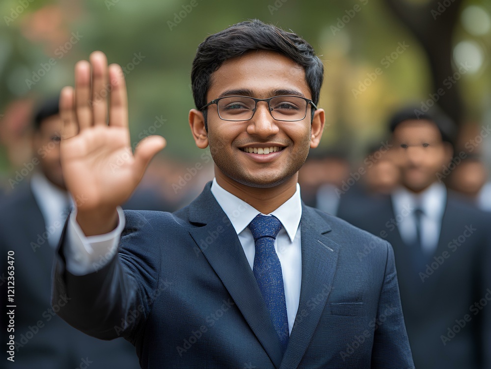 indian business man waving hand in front of group of business people indian business man waving hand in front of group of business people
