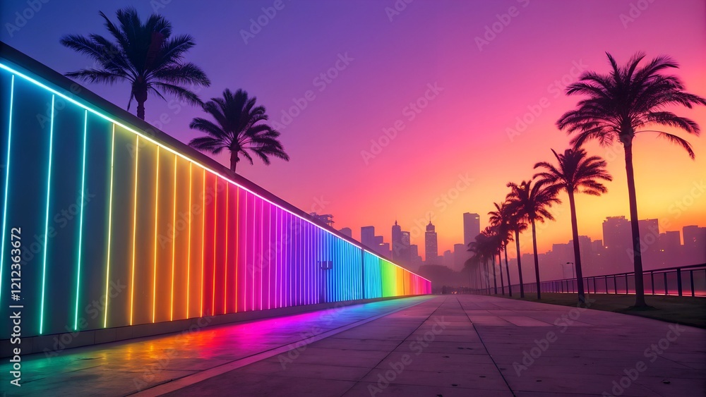 Fototapeta premium This captivating image showcases a vibrant, rainbow-colored wall illuminated by neon lights
