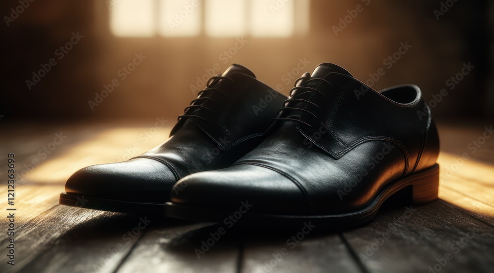 Elegant black leather shoes on a wooden floor with warm lighting Elegant black leather shoes on a wooden floor with warm lighting