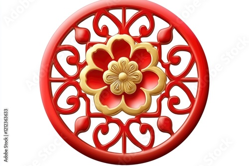Red and Gold Circular Floral Ornament Chinese New Year Design Element