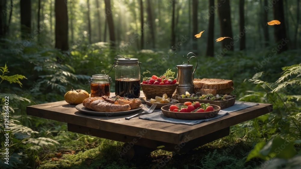 A serene forest picnic scene with various foods and drinks on a wooden table. A serene forest picnic scene with various foods and drinks on a wooden table.