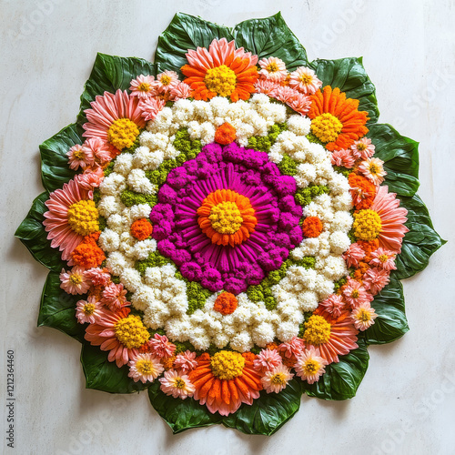 beautiful flower rangoli on white background photo