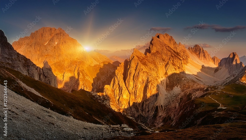 Naklejka premium a breathtaking view of rugged mountains illuminated by golden sunlight