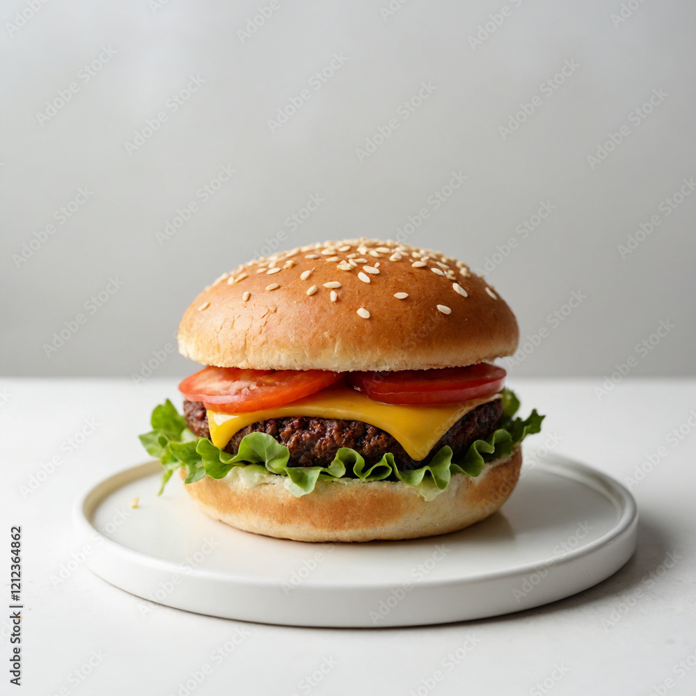 Delicious cheeseburger with lettuce and tomato on a white plate, simple and appetizing style, copy space Delicious cheeseburger with lettuce and tomato on a white plate, simple and appetizing style, copy space