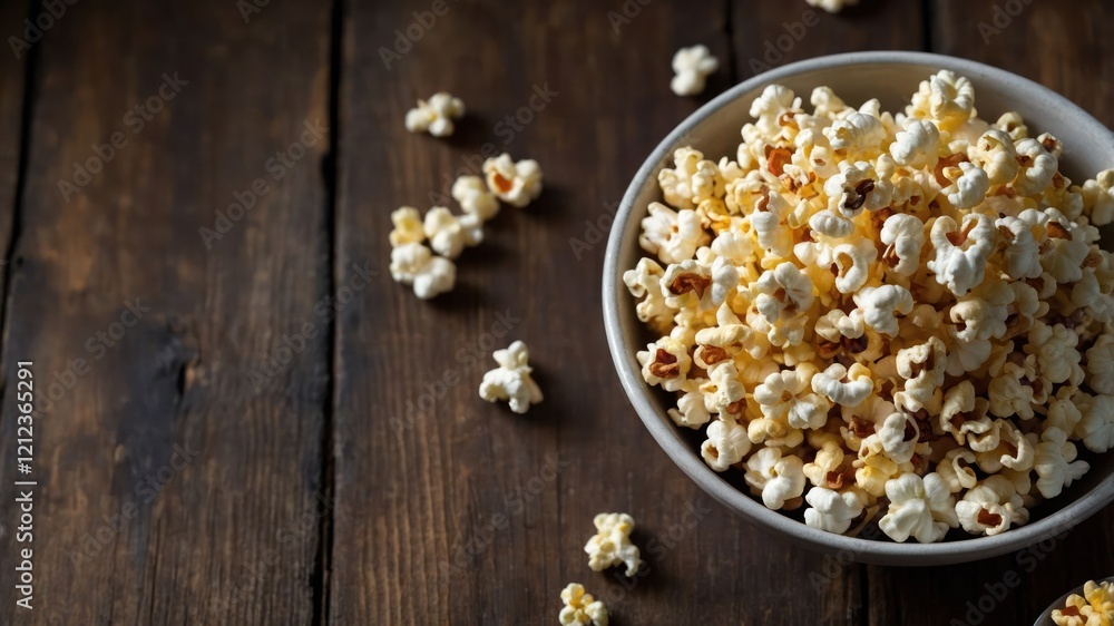 A bowl of freshly popped popcorn on a wooden surface, perfect for snacking. A bowl of freshly popped popcorn on a wooden surface, perfect for snacking.
