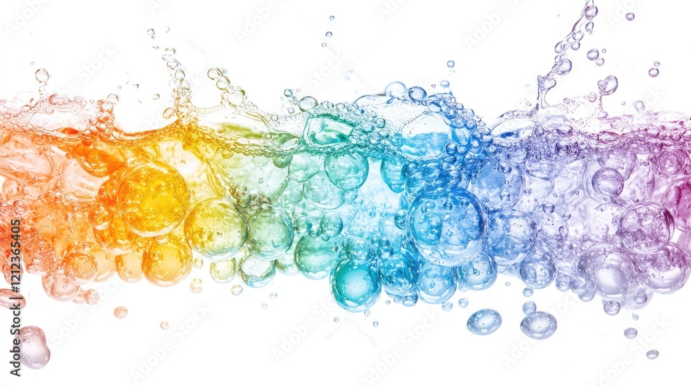 Rainbow Water Bubbles Splashing,  Pure Clean Liquid, Background White, Refreshing Drink