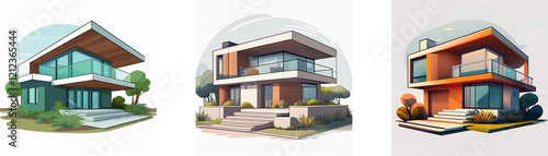 Three modern house designs illustrated  showcasing contemporary architecture and landscaping.  Each home features unique styles and exterior designs.