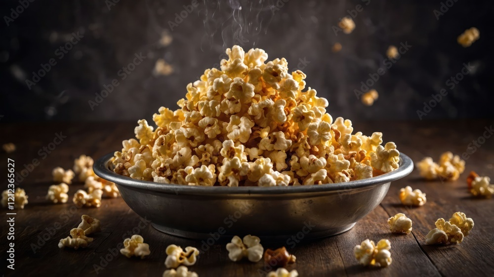 A bowl of freshly popped popcorn, ideal for snacking during movies or gatherings. A bowl of freshly popped popcorn, ideal for snacking during movies or gatherings.