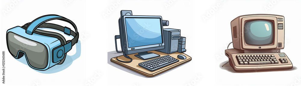 Illustration showing evolution of computing: VR headset, modern desktop PC, and vintage computer. Technology advancement is depicted. Illustration showing evolution of computing: VR headset, modern desktop PC, and vintage computer. Technology advancement is depicted.