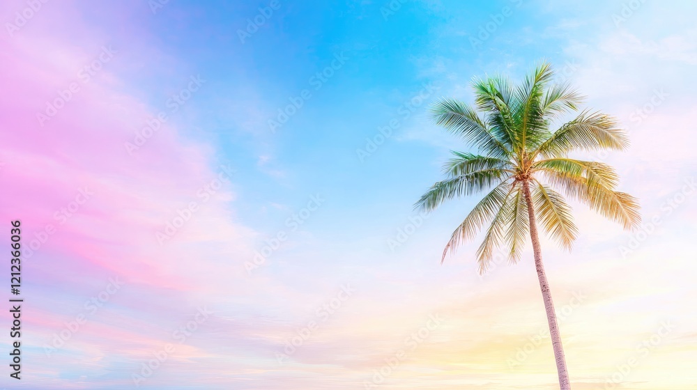 Fototapeta premium Tropical sunset, single palm tree, colorful sky, tranquil beach scene, travel postcard