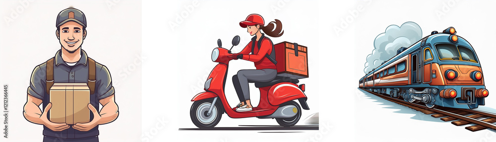 Delivery options: courier, scooter, and train. Fast and reliable shipping for packages and goods. Delivery options: courier, scooter, and train. Fast and reliable shipping for packages and goods.