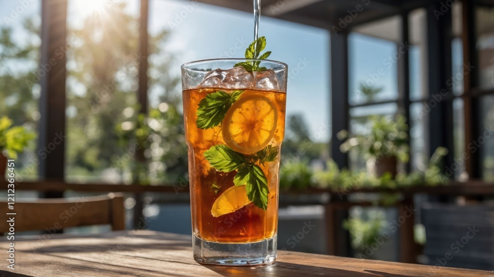 A refreshing iced tea with lemon and mint served in a tall glass. A refreshing iced tea with lemon and mint served in a tall glass.
