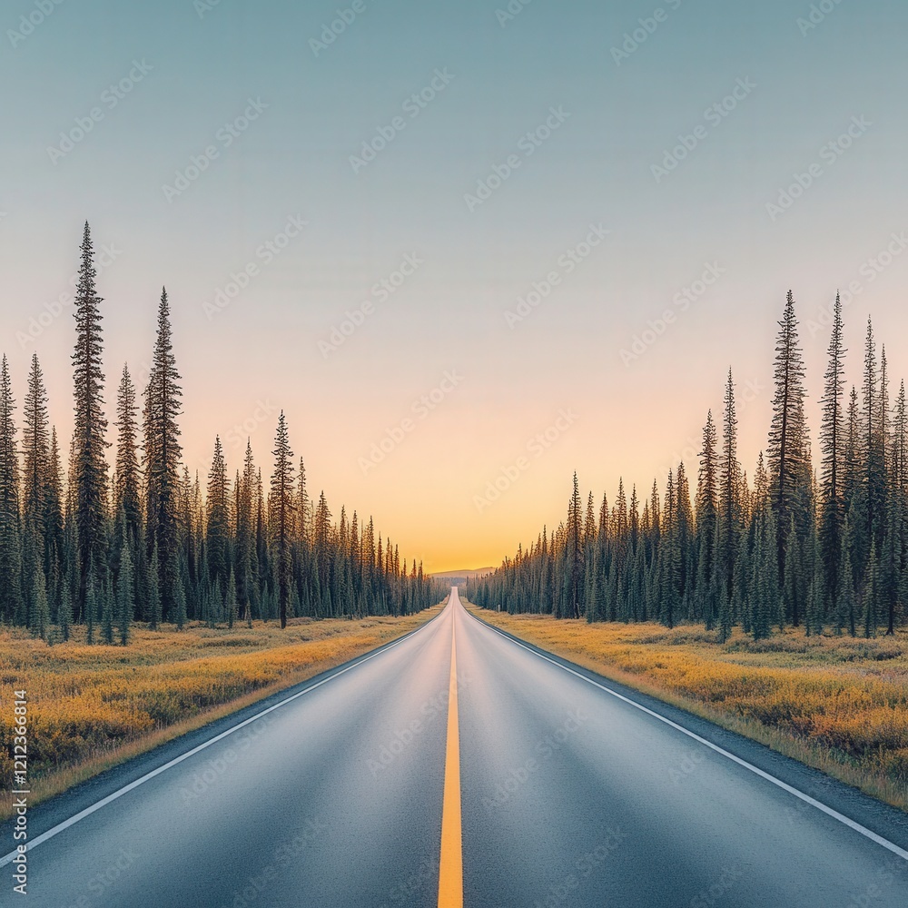 Naklejka premium Serene Highway Through Evergreen Forest at Sunset