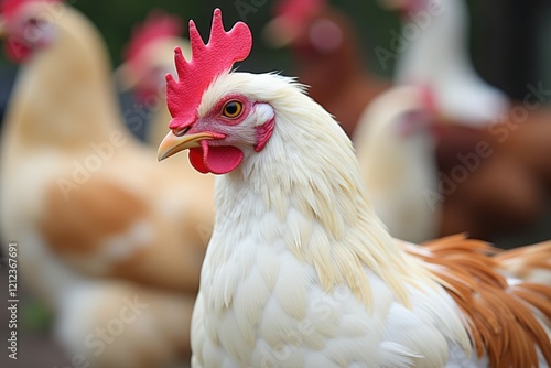 Vibrant Portrait of a Rooster Surrounded by Free-Range Chickens on a Sustainable Farm, Capturing the Essence of Rural Agriculture Life photo