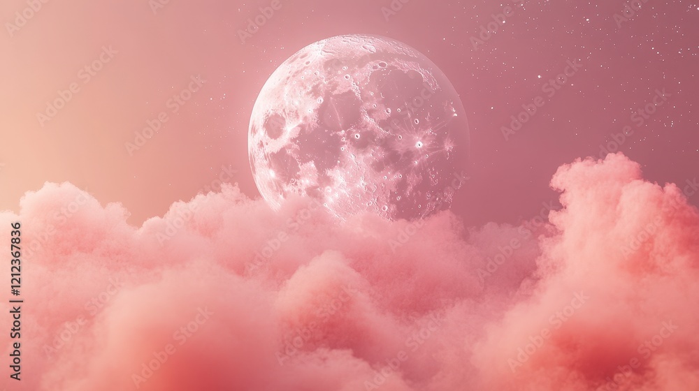 Obraz premium Pink Moonlit Cloudscape Celestial Dreamscape