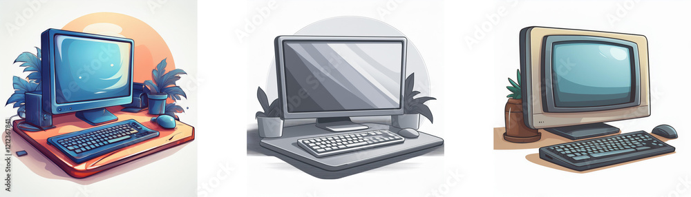 A vibrant illustration showcases three distinct computer setups, each with a unique aesthetic, keyboard, and monitor, accompanied by potted plants on a desk. A vibrant illustration showcases three distinct computer setups, each with a unique aesthetic, keyboard, and monitor, accompanied by potted plants on a desk.