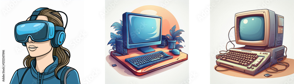 Fototapeta premium Evolution of computing: A woman using VR, a modern desktop, and a vintage computer. Showcasing technological advancements.
