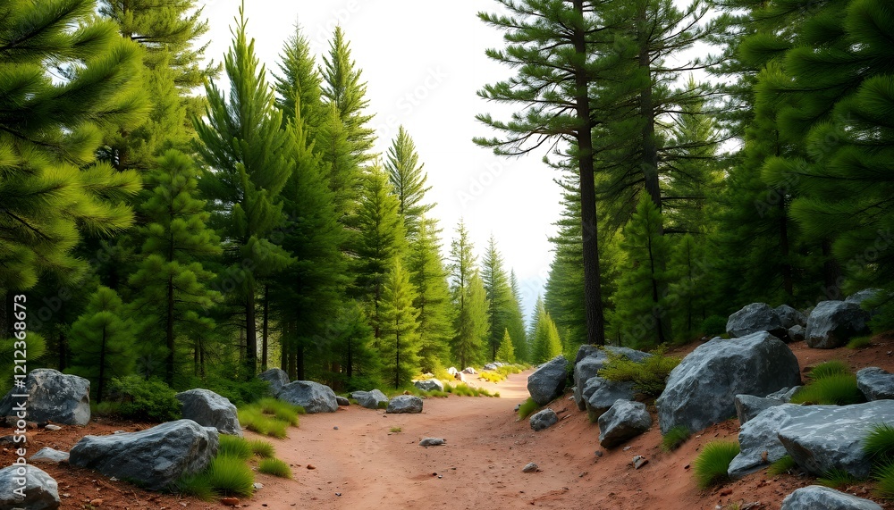 Fototapeta premium A serene forest path, lined with tall, vibrant green pine trees, winds through a landscape of reddish-brown dirt and scattered gray rocks