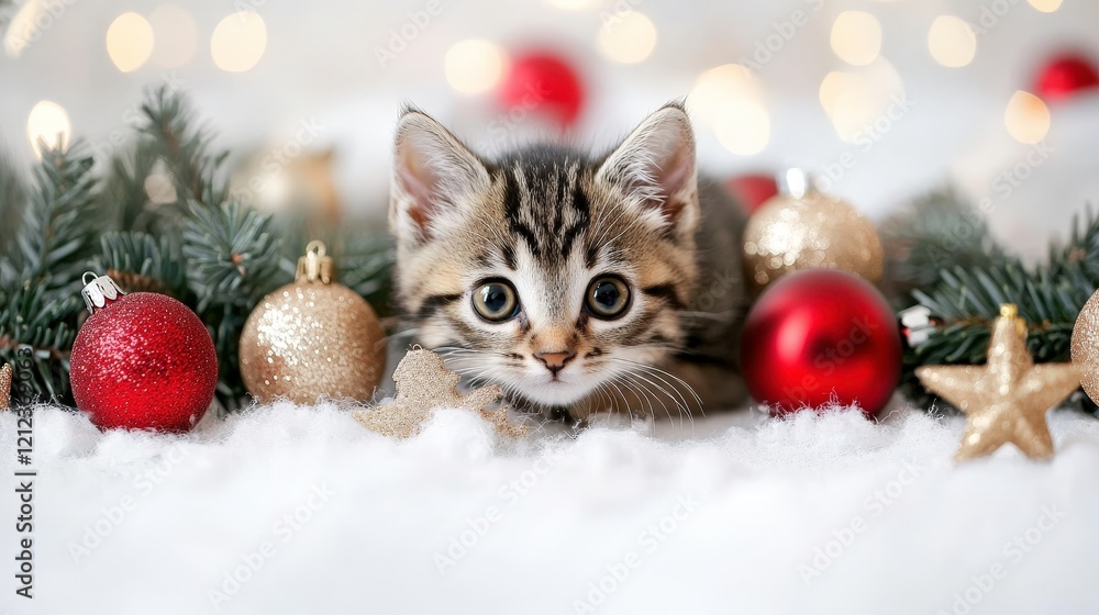 Festive Kitten Amidst Christmas Ornaments and Fir Festive Kitten Amidst Christmas Ornaments and Fir