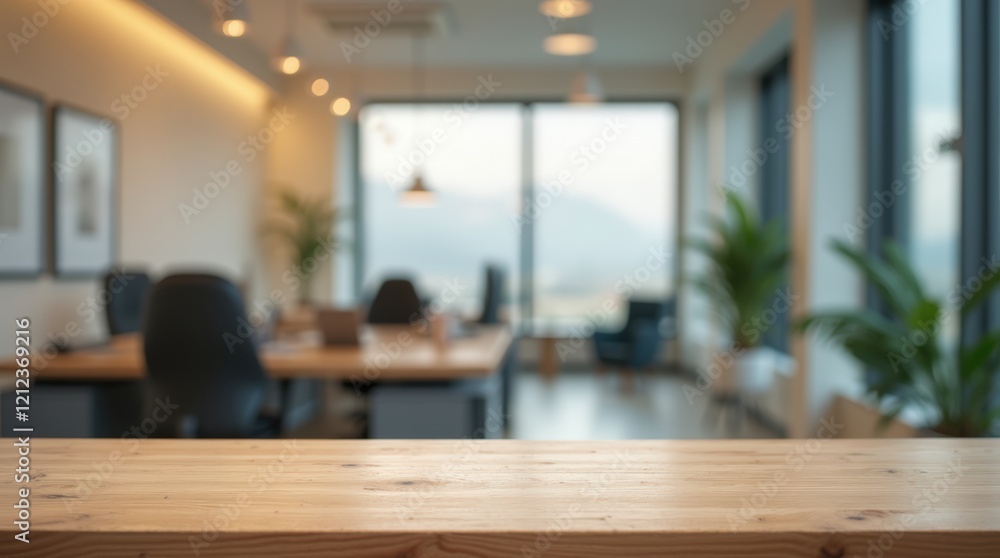A table is positioned against a blurred office background A table is positioned against a blurred office background