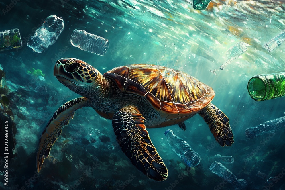 Obraz premium turtle swimming with plastic bottles floating in the ocean. World ocean pollution concept