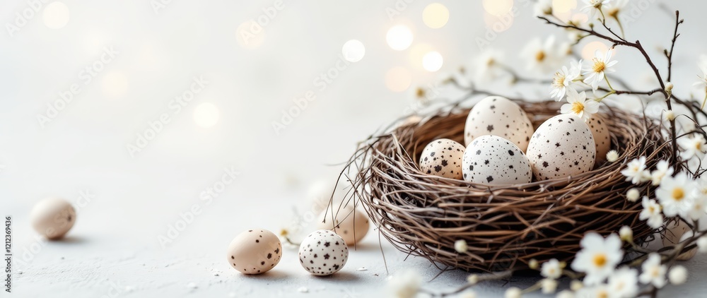 Easter greeting card design with copy space; Easter eggs and spring flovers Easter greeting card design with copy space; Easter eggs and spring flovers