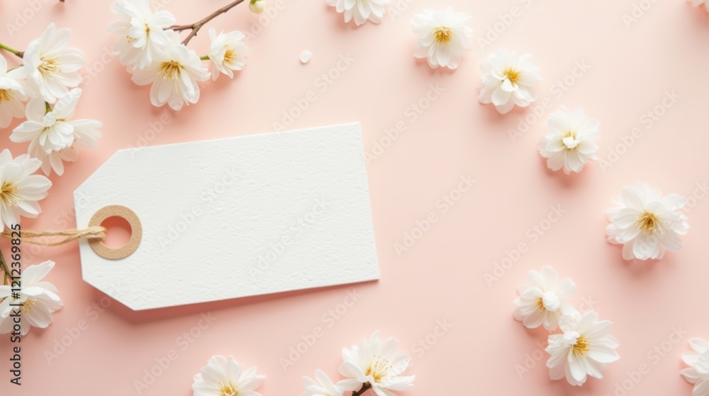 Fototapeta premium Image of blank textured paper tag with attached string with space for text placed on clean pink and beige background.